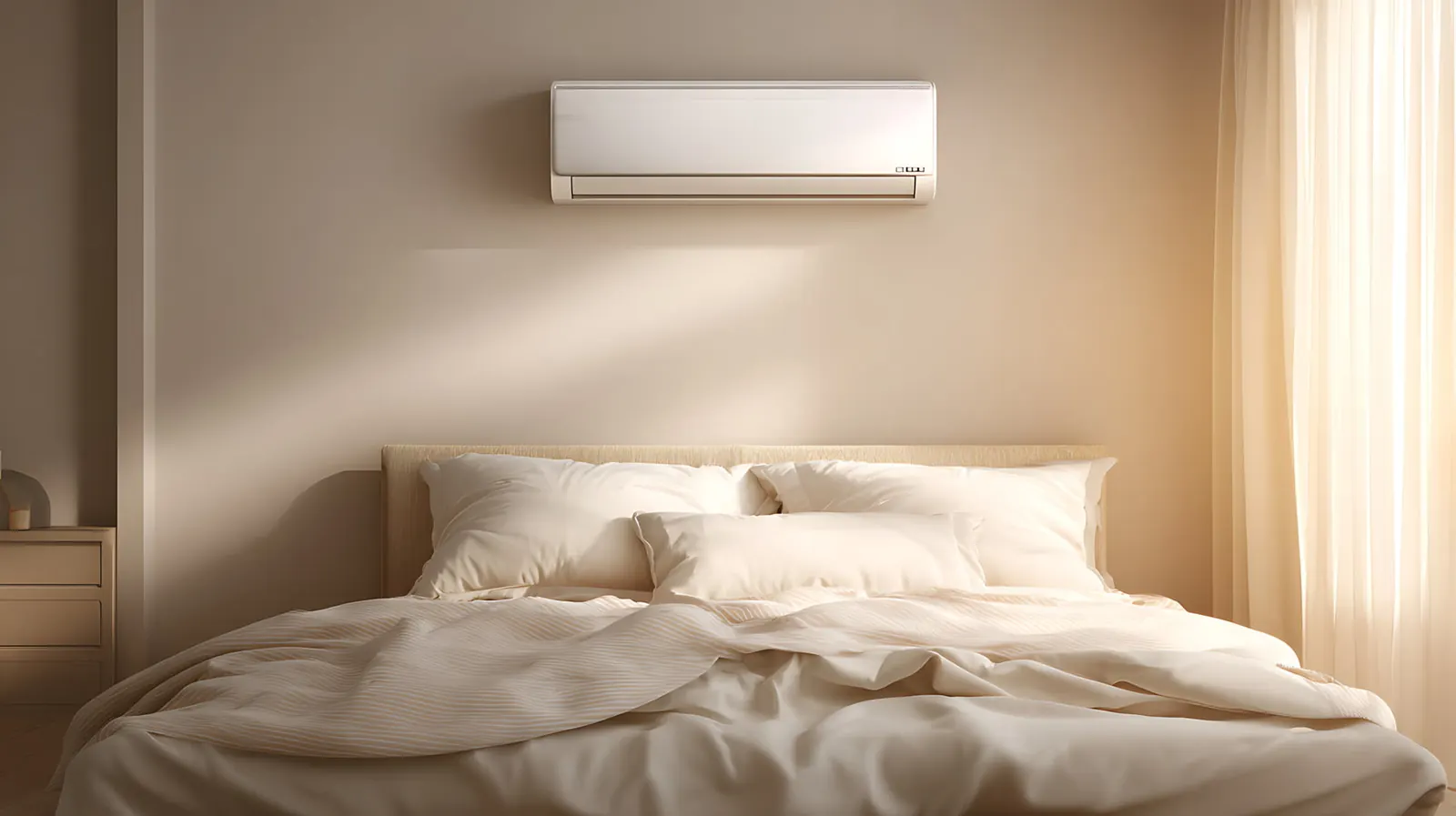 Whisper-quiet air conditioning unit above a bed in a calm bedroom