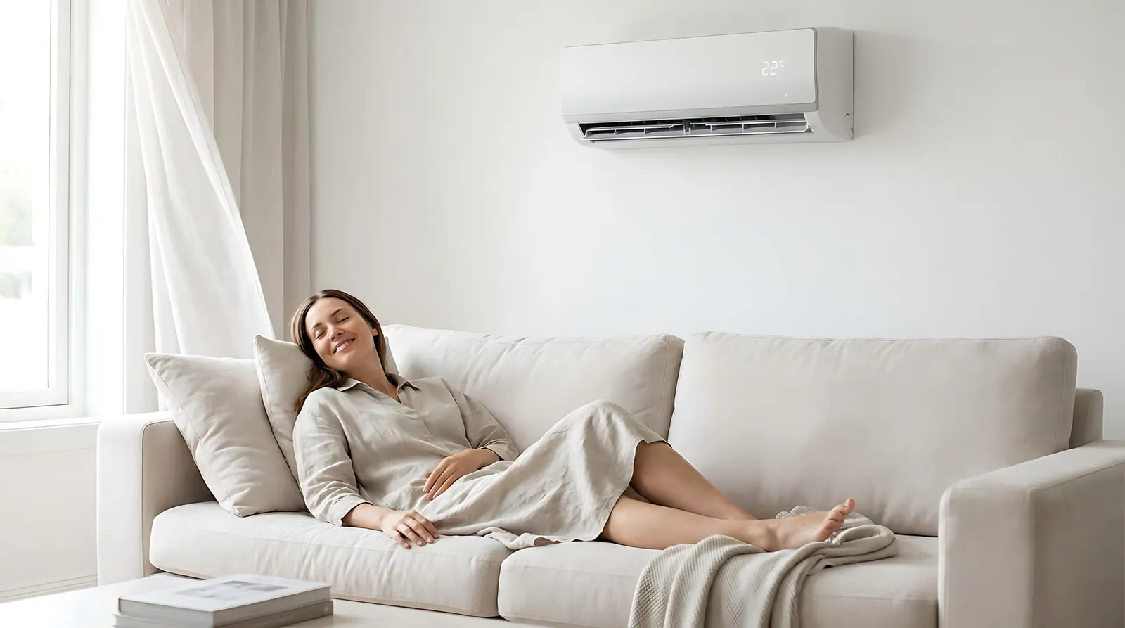 Homeowner relaxing in a cool living room with wall-mounted air conditioning
