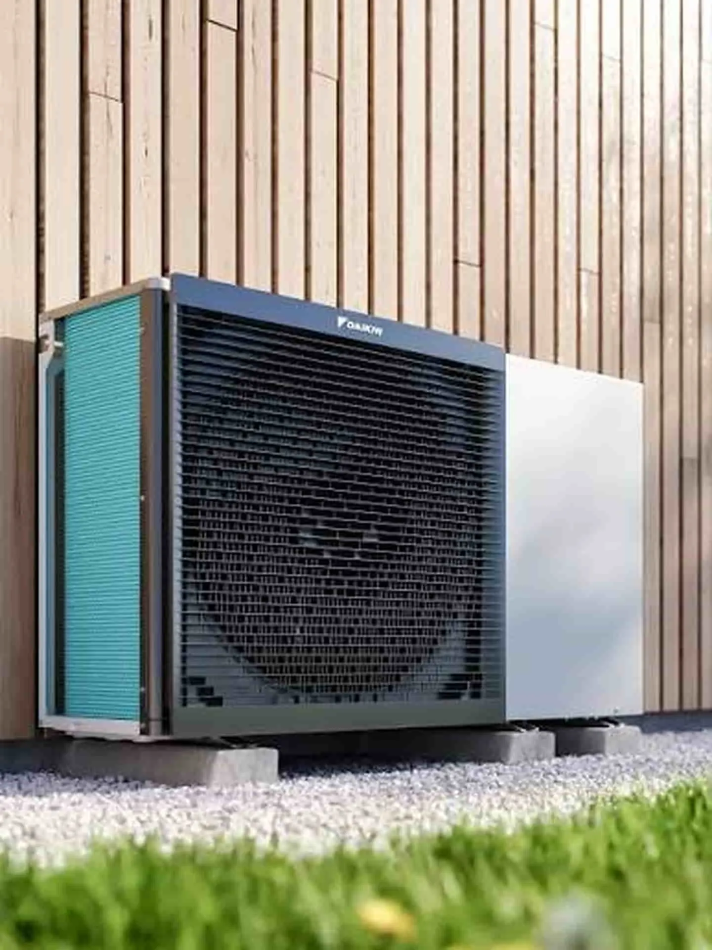 Daikin air source heat pump outdoor unit on a gravel base