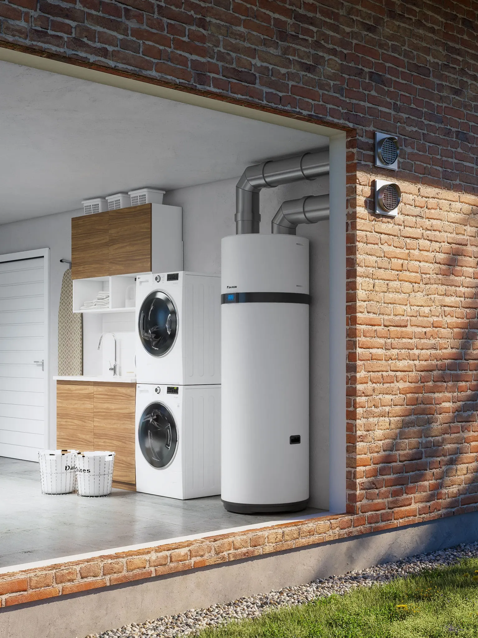 Daikin heat pump hot water cylinder installed in a utility area