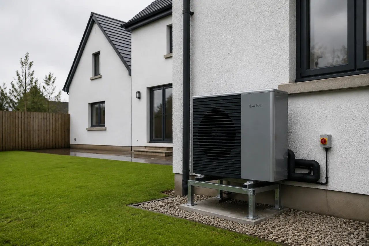 Vaillant air source heat pump installed outside a modern Scottish home