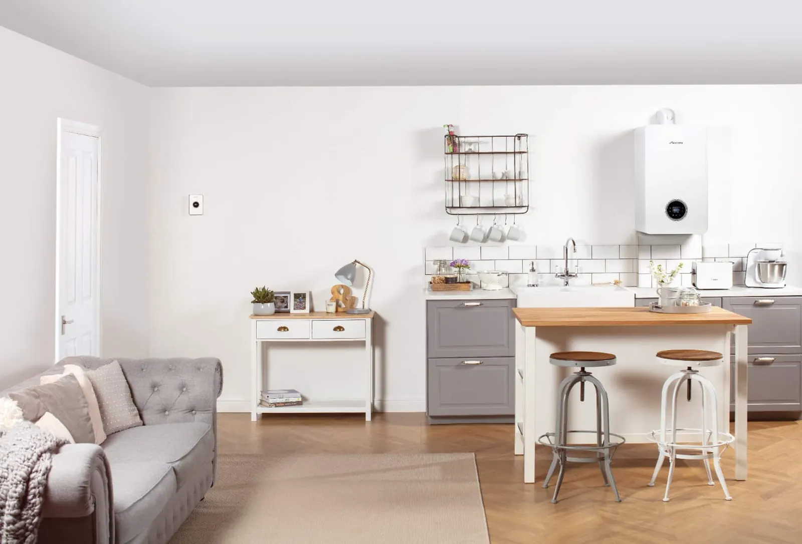 New Worcester combi boiler installed in a bright open-plan kitchen