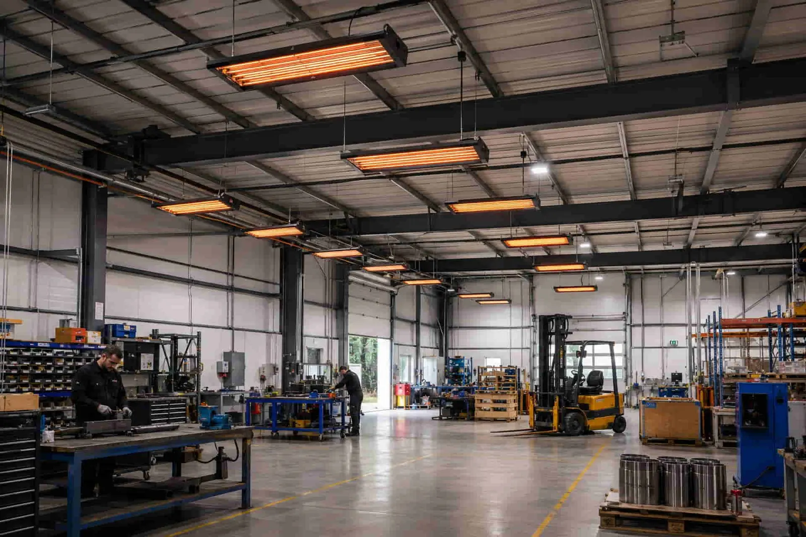 Radiant electric heaters warming an industrial workshop and warehouse