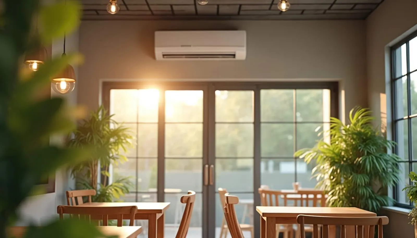 Wall-mounted air conditioning unit keeping a sunlit café comfortable