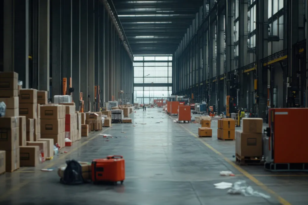 Inside a large warehouse, operations are halted.
