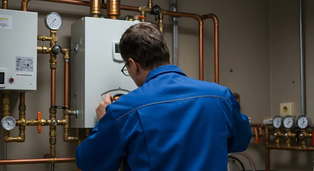 engineer repairing commercial boiler emergency