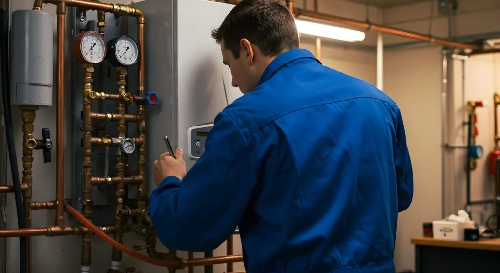 Gas Safe engineer performing commercial boiler maintenance inspection