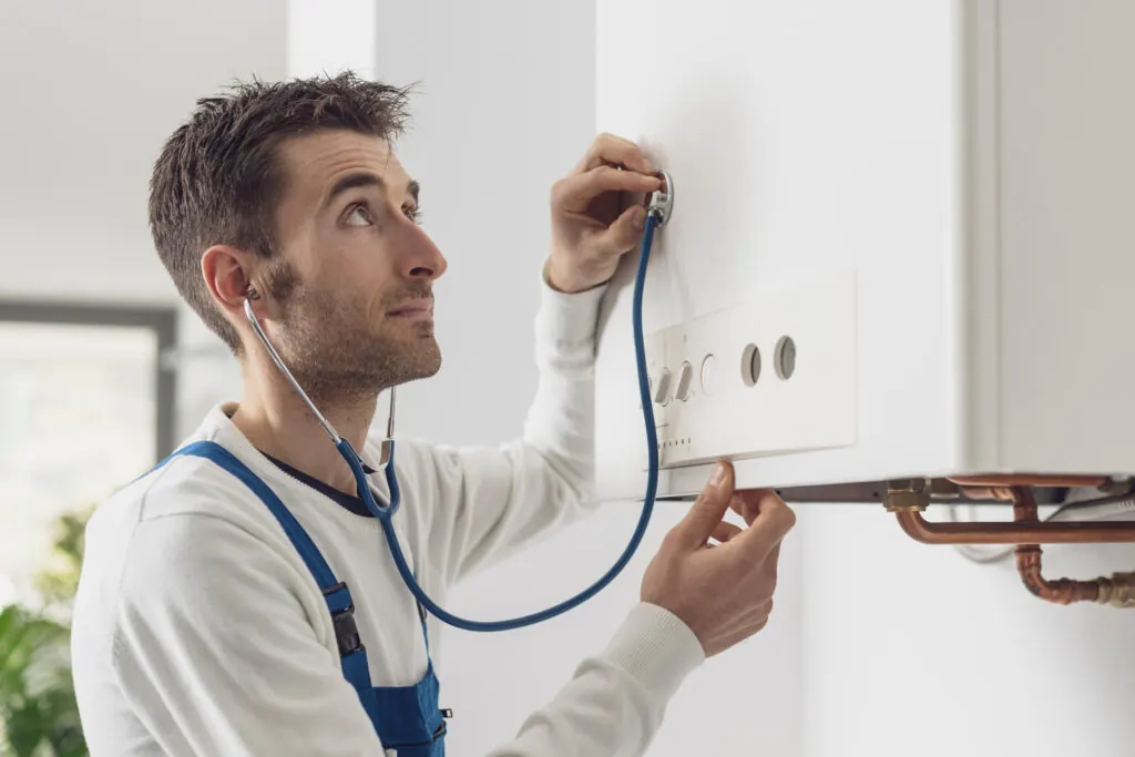 Engineer using stethoscope to diagnose boiler not working properly due to unusual sounds