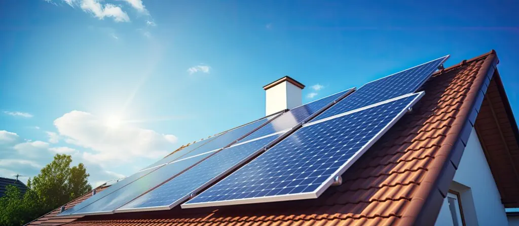 Solar panels on suburban house roof.
