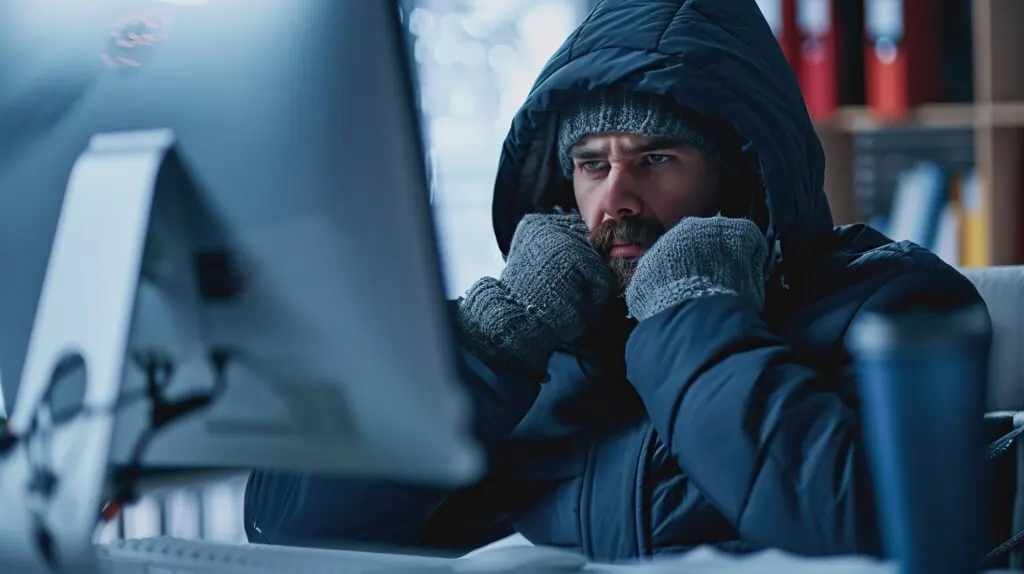 Office Employees In Coats At Desks