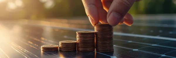 Money stacked on solar panels 