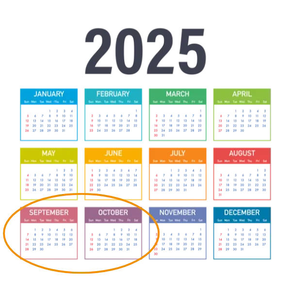 2025 calendar with all the months January through to December.  Orange circle around September and October months indicating the key time to for boiler servicing