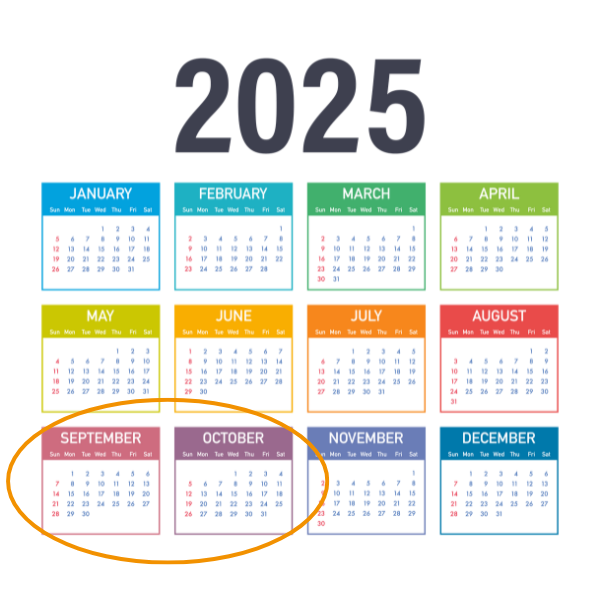 2025 calendar with all the months January through to December. Orange circle around September and October months indicating the key time to for boiler servicing