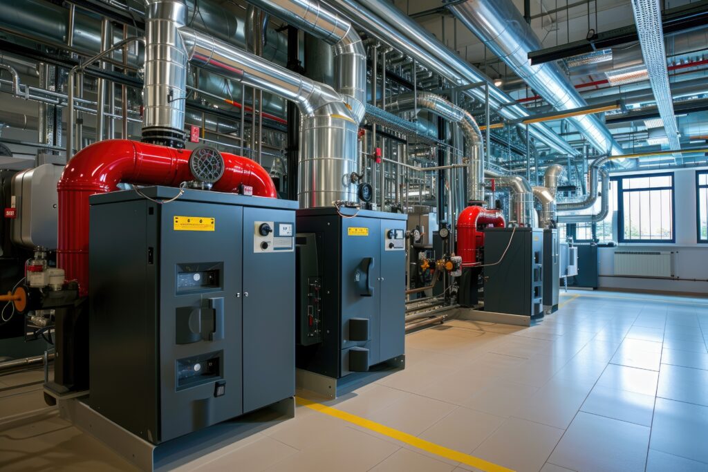 Modern boiler room with gas boilers, commercial heating Scotland office building 