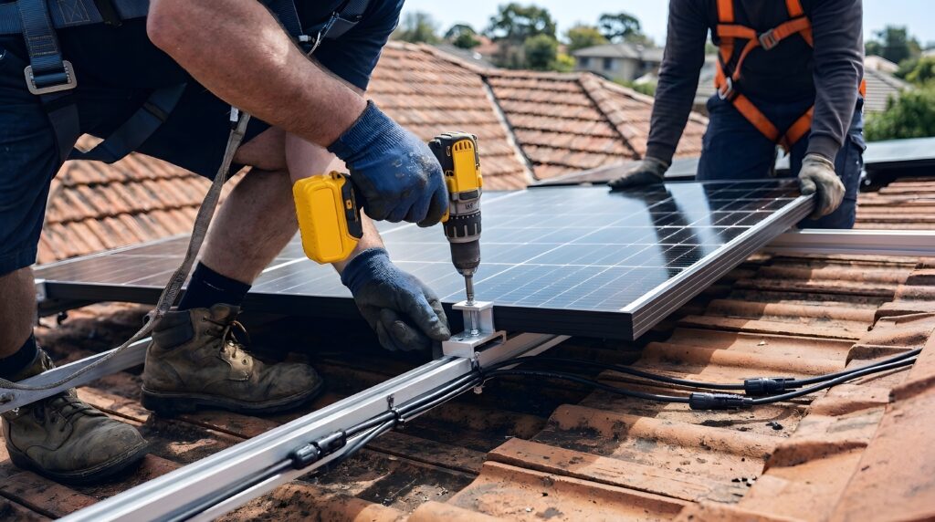 Engineers installing solar panels on a residential rooftop.